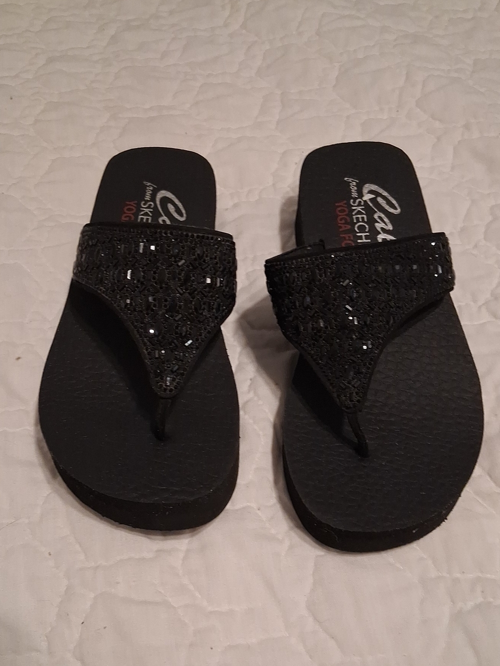 Skechers Cali Black Yoga Foam Flip Flops Beaded Sandals - Picture 4 of 10